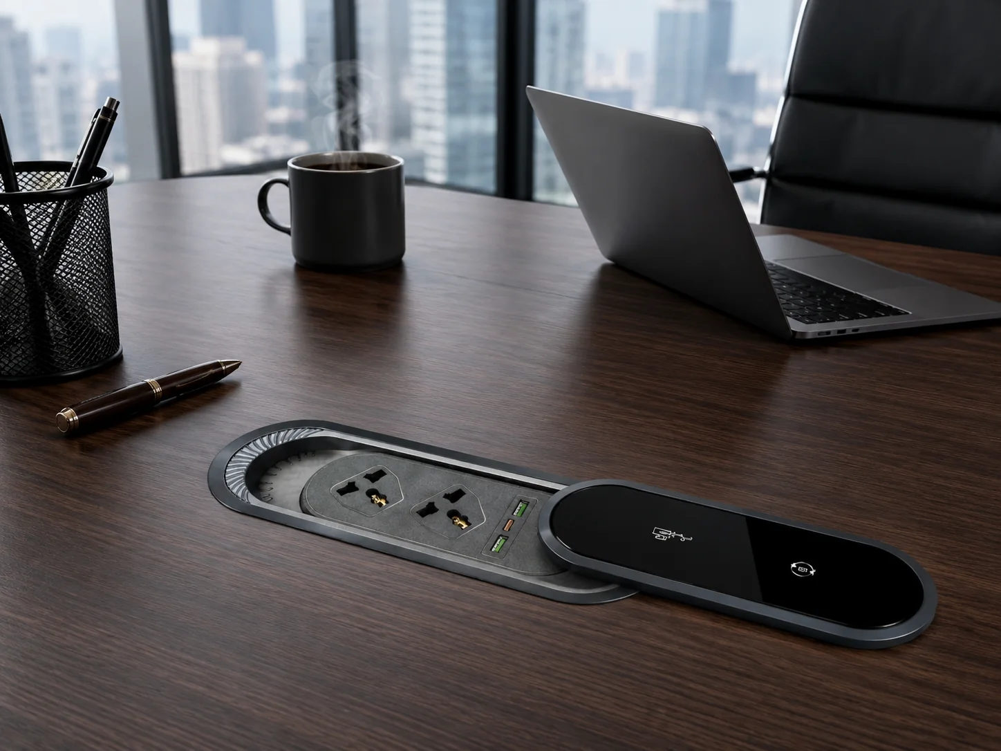 Illustrative boardroom table with desk power module and office accessories