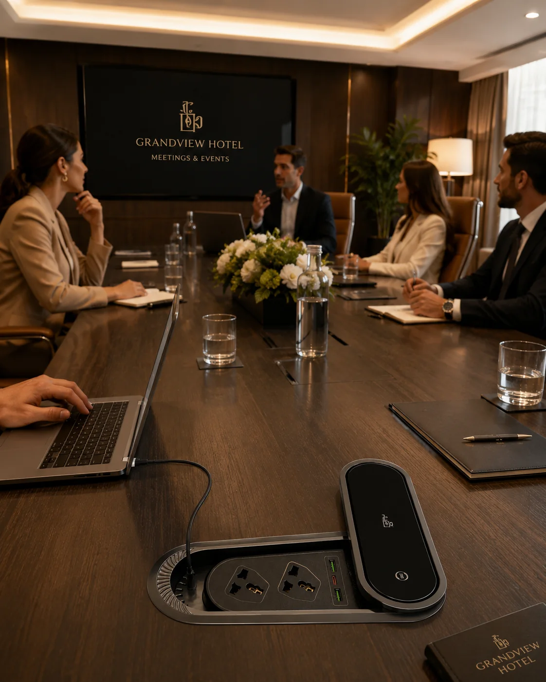 Illustrative conference room table with desk power for sourcing discussion