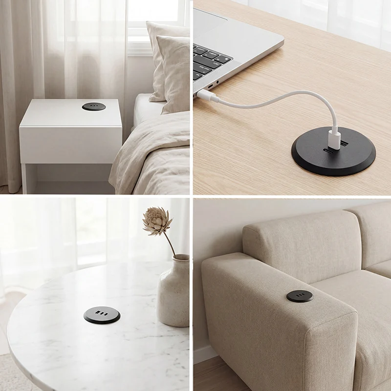 Real product montage showing a round recessed power module in several potential furniture positions