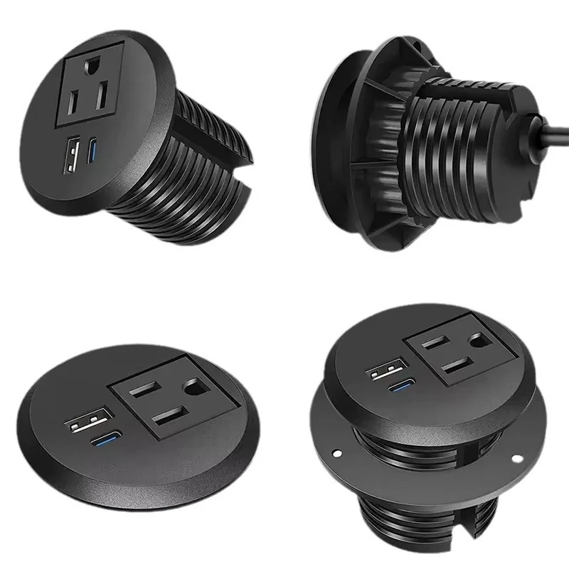 Multiple views of a round recessed desk power module and its retaining parts