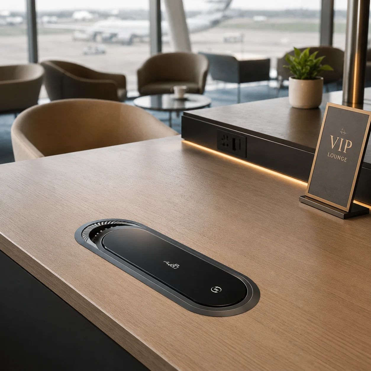 Illustrative hotel nightstand application scene with an embedded charging module
