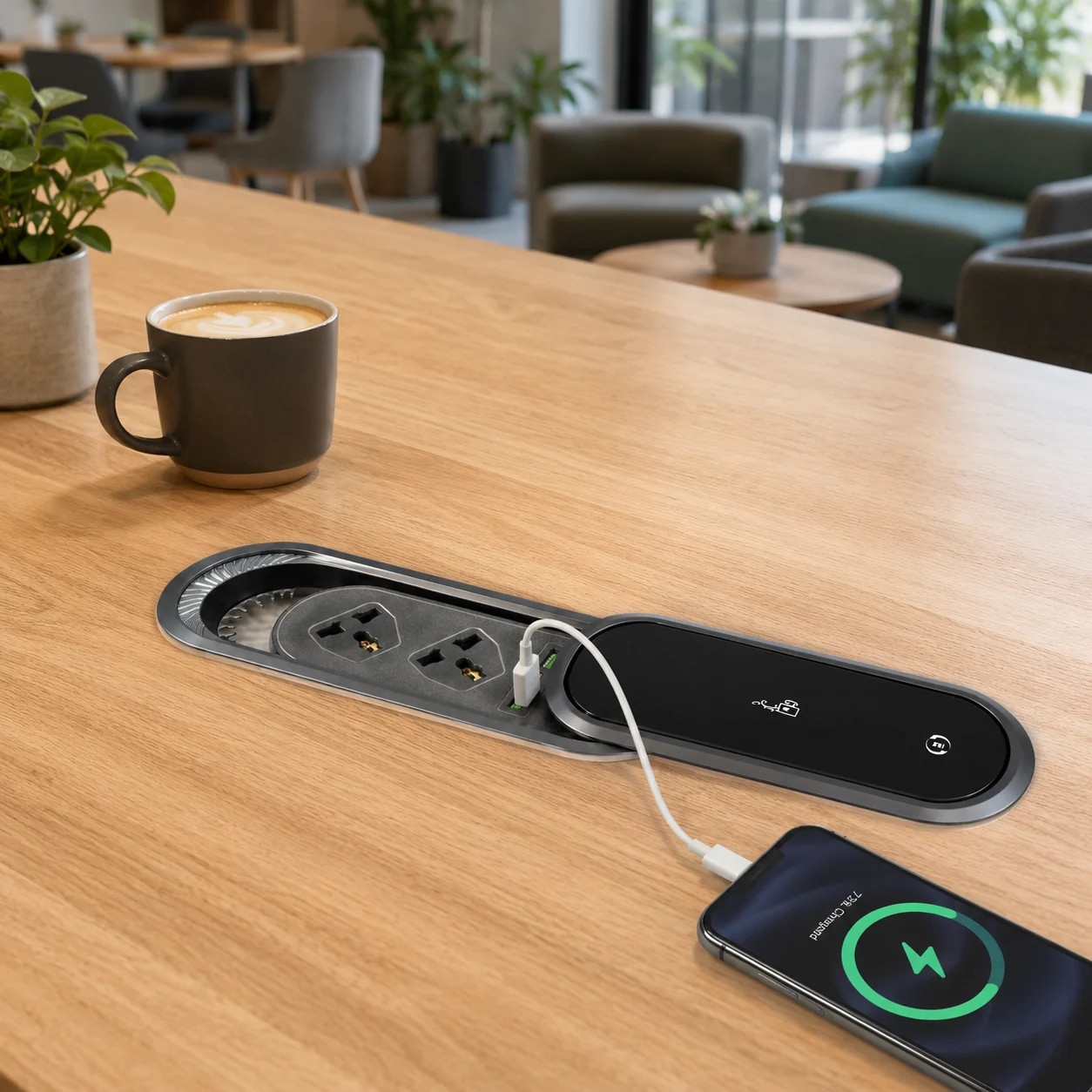 Illustrative hospitality table application with an integrated power module