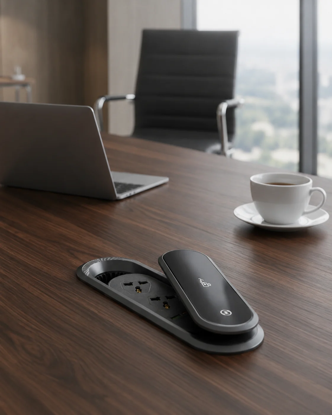 Illustrative application scene of a desk power module in a workspace table