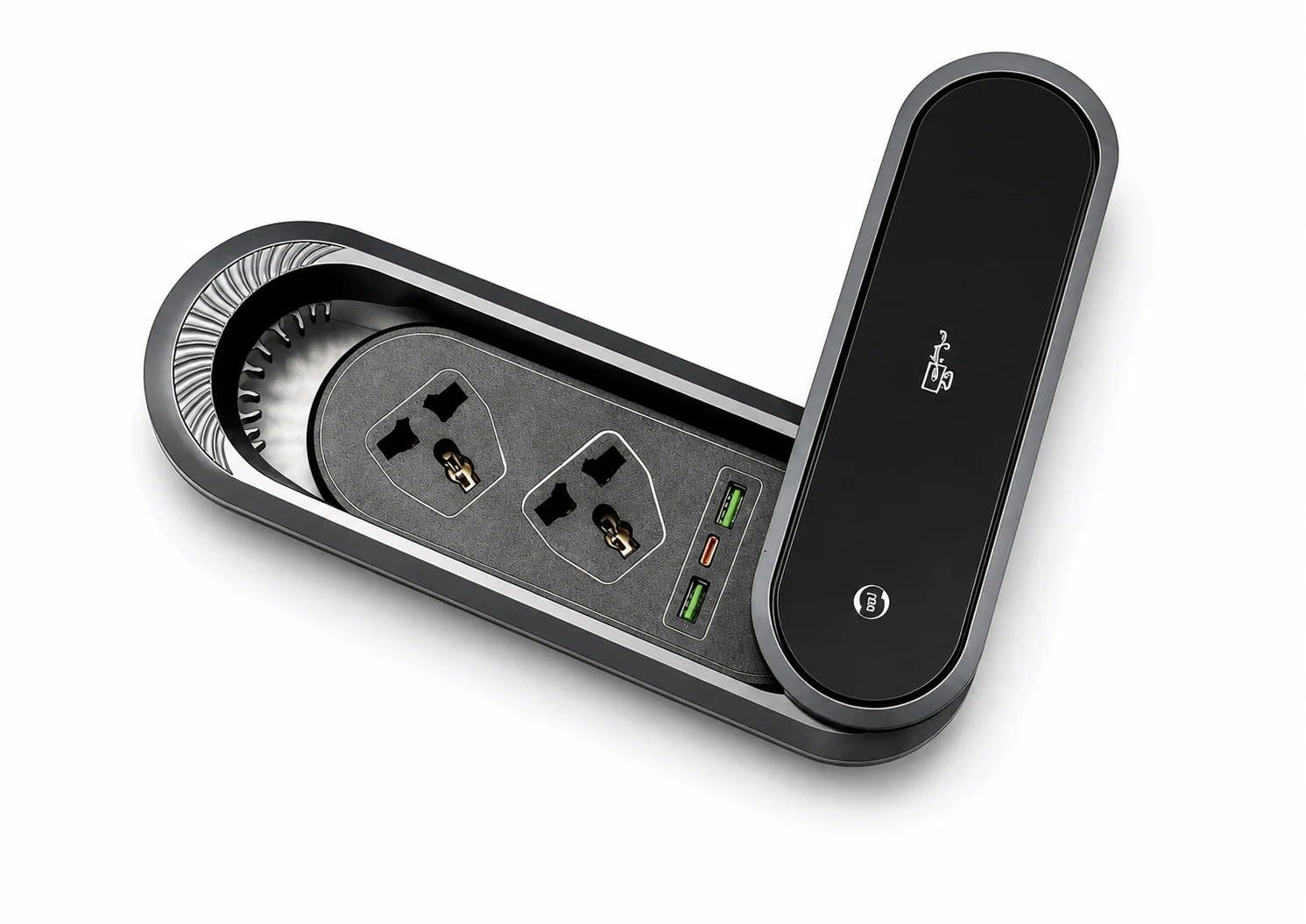 Illustrative application scene of a pop-up desk power module in a meeting table