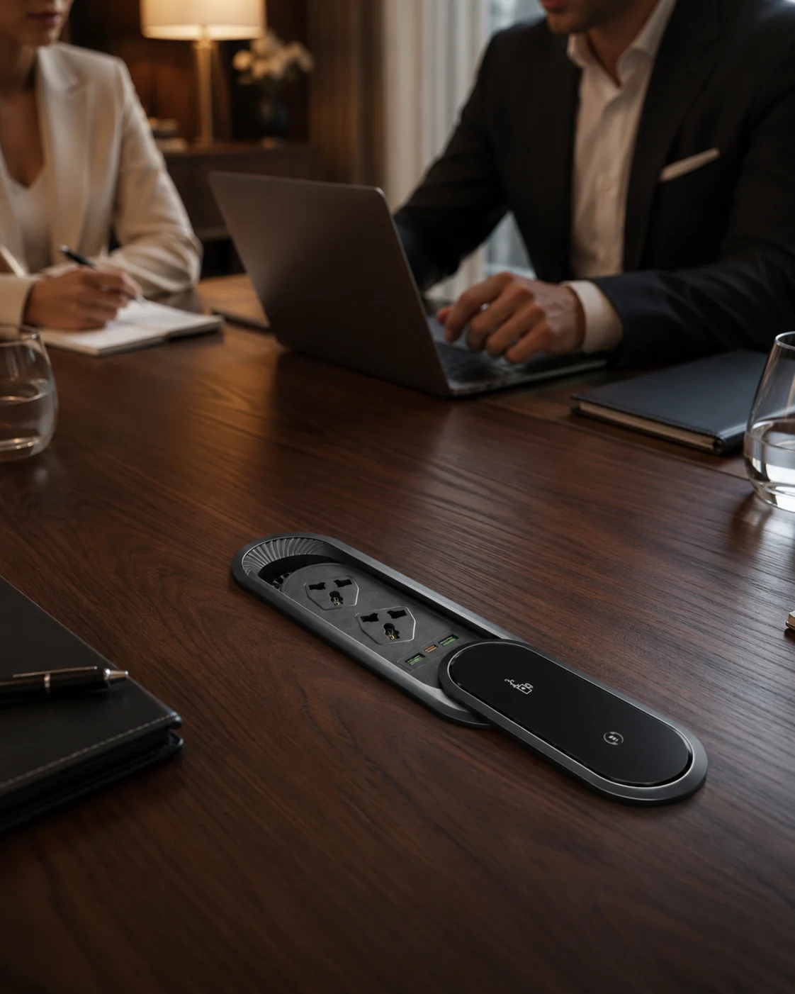 Illustrative application scene of people reviewing a desk power module at a meeting table