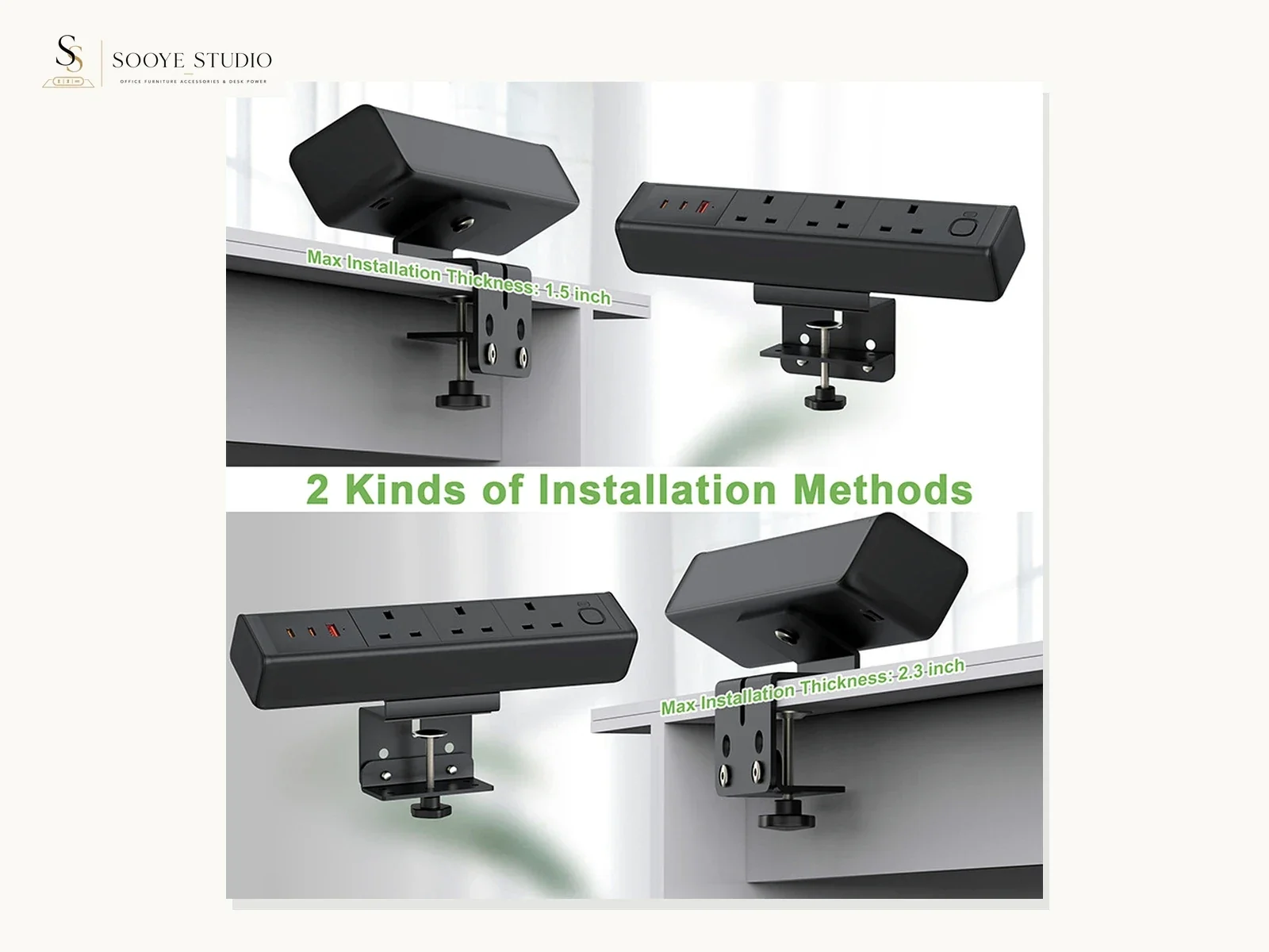 Multiple views of a clamp-on desk power module mounting arrangement