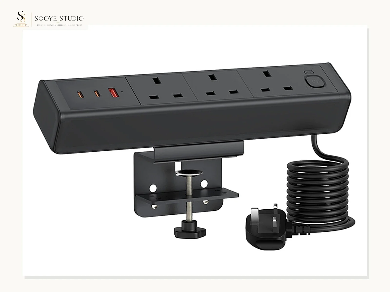 Desk-mounted power module shown with its cable, plug and mounting assembly